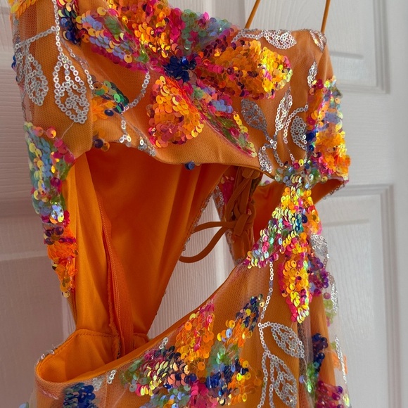 NWT ANGEL BIBA Orange Floral Sequin Cutout Lace Up Mini Dress L - Picture 7 of 10